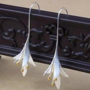 Beautiful Unique Silver Hanging Japanese Flower Earrings with Gold Accents